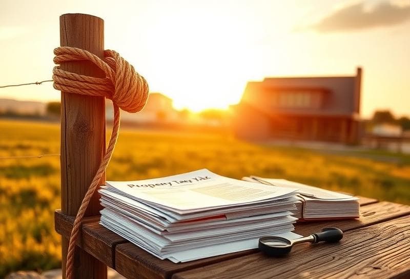Sunlit Texas ranch with suburban home, lasso on fence, and property tax documents symbolizing real