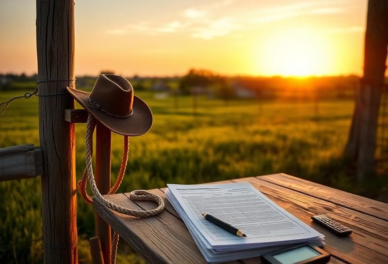 Texas ranch sunset with property tax documents, cowboy hat, and lasso on a rustic wooden
