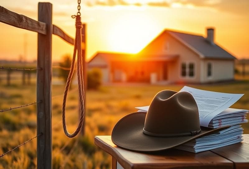 Texas ranch sunset with suburban home, lasso on fence, and property tax reassessment documents on