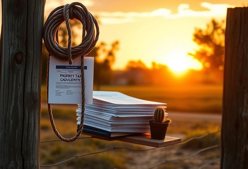 Sunset over a Texas ranch with Houston suburbs, lasso on fence, and property tax documents
