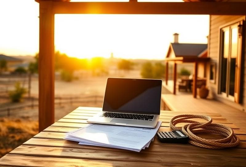 Sunlit Texas ranch with Houston suburban home, desk with property tax documents, and lasso, symbolizing