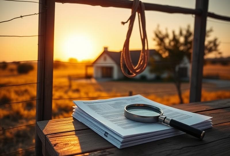 Sunlit Texas ranch with suburban home, lasso on fence, and property tax documents for house