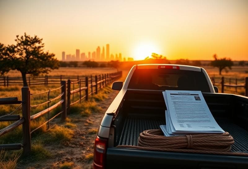 Texas ranch sunset with Houston skyline, pickup truck, and property tax documents for leased car