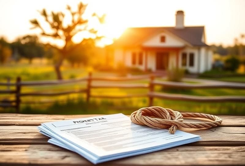 Texas ranch landscape with property tax documents and lasso, highlighting tax exemption benefits for Houston