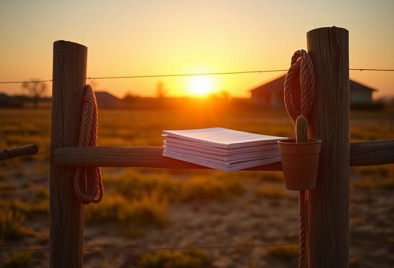 Texas ranch sunset with suburban Houston neighborhood, lasso on fence, and property tax documents, blending