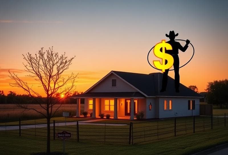 Texas ranch sunset with suburban home, cowboy lassoing golden dollar sign symbolizing property tax savings.