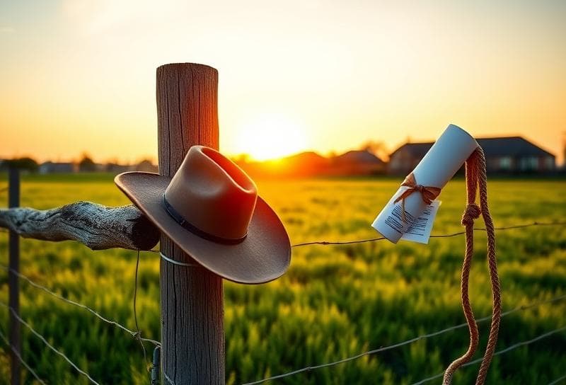 Sunset Texas ranch with cowboy hat, lasso, and local tax return document on a wooden