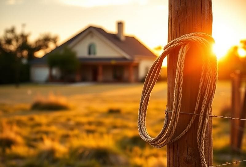 Golden-hour Texas ranch scene with a lasso on a fence, modern Houston home in the background
