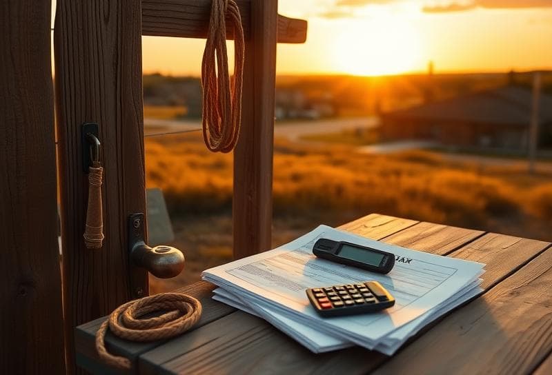 Texas ranch sunset with property tax documents, calculator, and lasso symbolizing tax burden reduction for