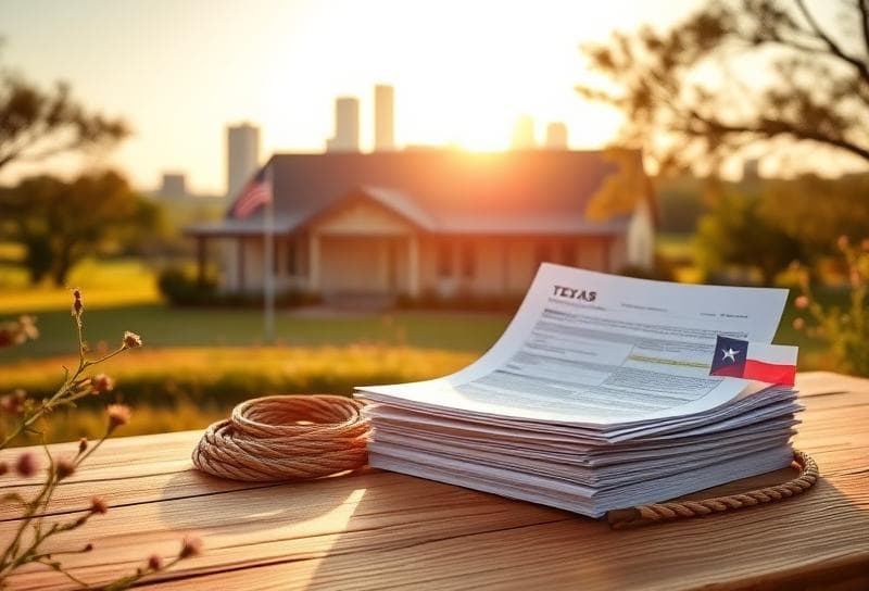 Texas ranch home with Houston skyline, property tax documents, and lasso on rustic table, surrounded