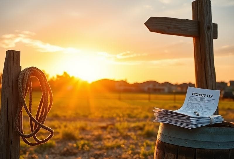 Golden hour Texas ranch with lasso, property tax documents, and Houston suburb backdrop, symbolizing rent