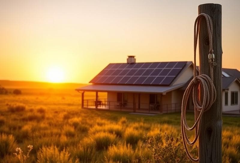 Texas ranch home with solar panels at sunset, highlighting Texas solar tax credit benefits