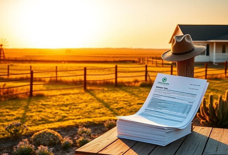 Houston suburban home with Texas bluebonnets, windmill, and property tax documents on rustic table.