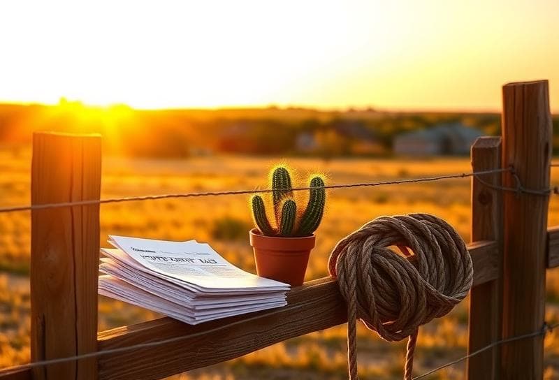 Sunlit Texas ranch with property tax documents, lasso, and cactus symbolizing ways to reduce taxes