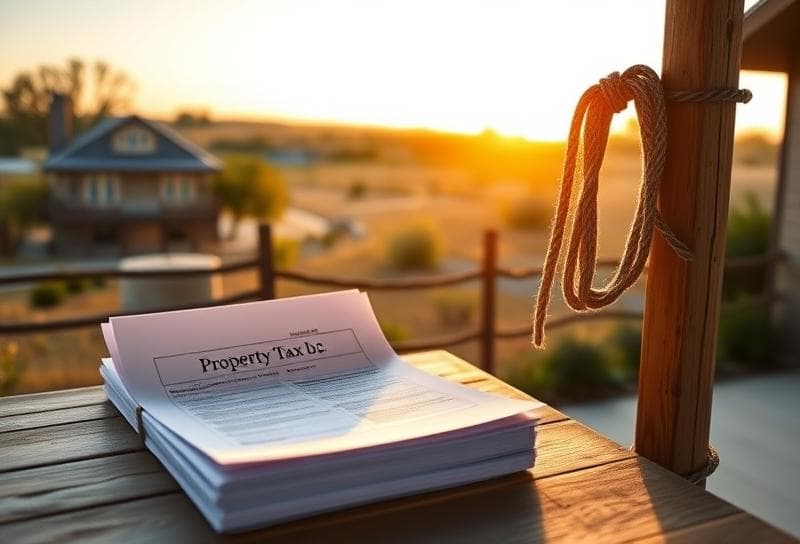 Texas ranch home with property tax documents and lasso, symbolizing homestead tax credit savings