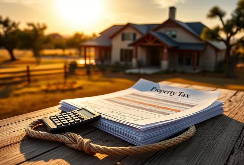 Sunlit Texas ranch with property tax documents, calculator, and lasso on a wooden table, blending