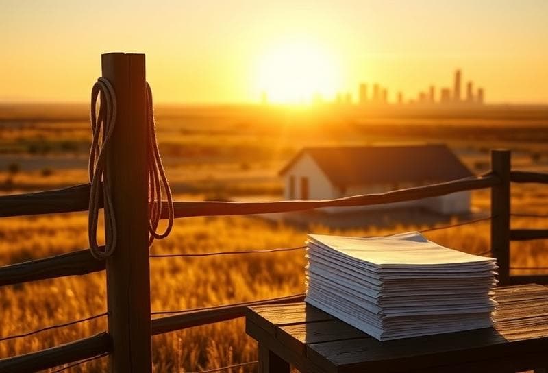 Sunlit Texas ranch with a modern home, lasso on fence, and Houston skyline, symbolizing property