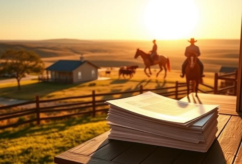 Houston suburban home with property tax documents on porch, cowboy herding cattle in distance under