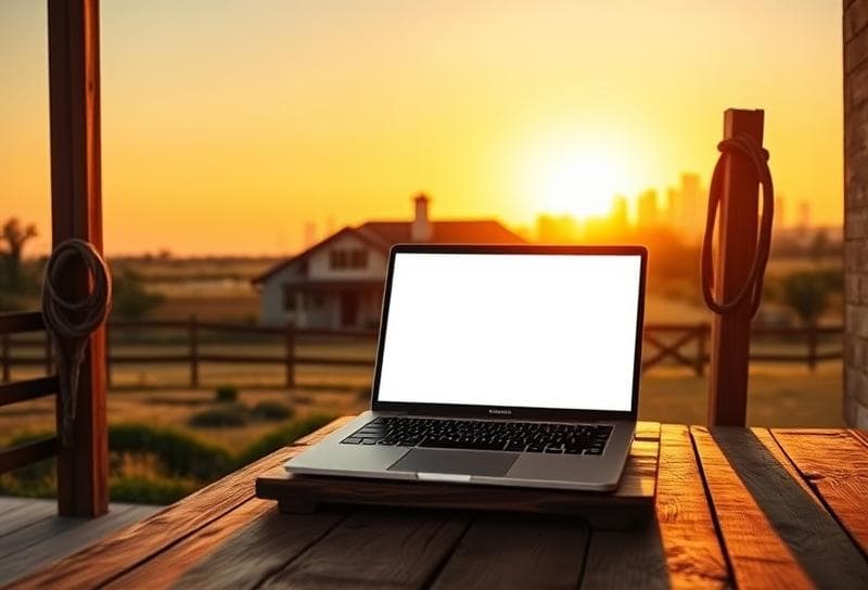 Texas ranch home at sunset with a laptop displaying a property tax portal, Houston skyline