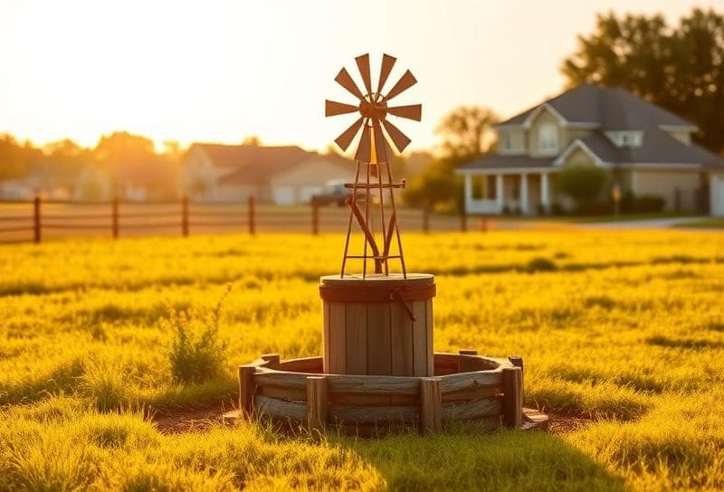 Sunlit Texas ranch with a wooden water well and spinning windmill, blending rustic charm and