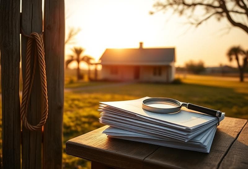 Texas ranch home with lasso, property tax documents, and magnifying glass under golden hour sky.