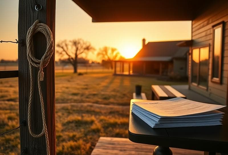 Sunset over a Texas ranch with property tax documents on the porch, symbolizing property taxes