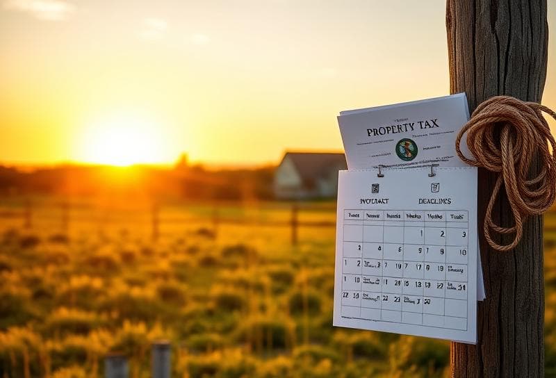 Texas ranch sunset with property tax documents, lasso, and Houston neighborhood, highlighting 65 and older