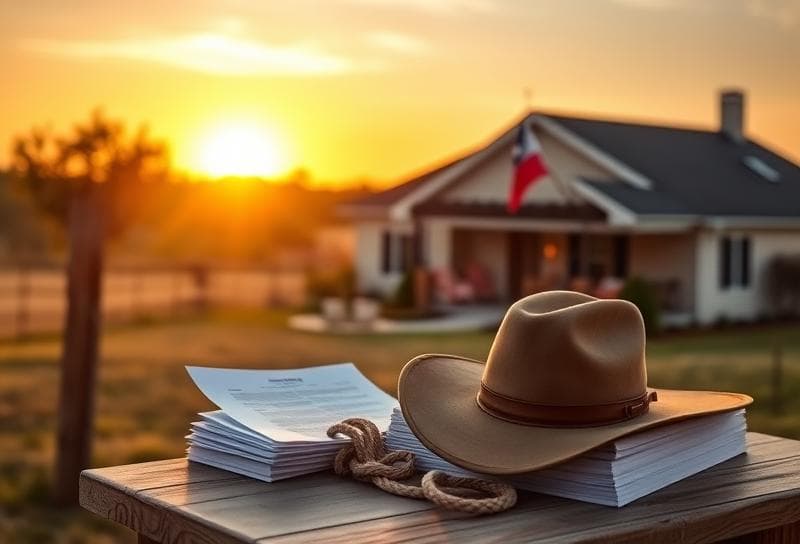 Texas ranch sunset with Houston home, lasso, and property tax documents for appeal reasons.