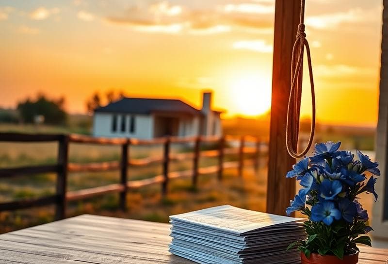 Texas ranch sunset with suburban home, lasso on fence, and property tax documents on porch
