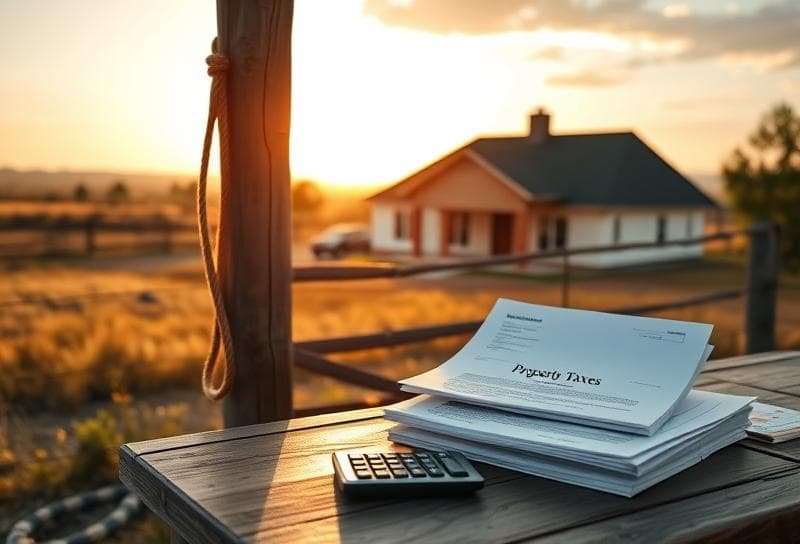 Sunlit Texas ranch with Houston suburban home, lasso on fence, and property tax documents