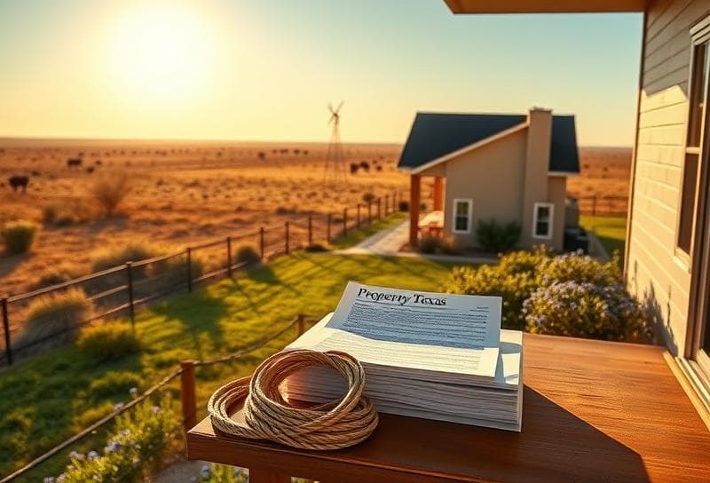 Houston suburban home with Texas bluebonnets, lasso, and Collins Appraisal property tax documents on porch.