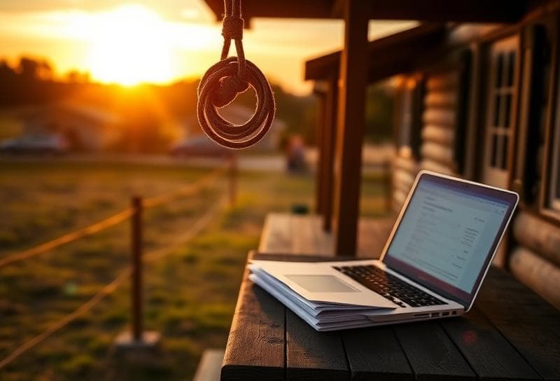 Texas ranch home with lasso on fence, property tax documents on porch, preparing personal taxes