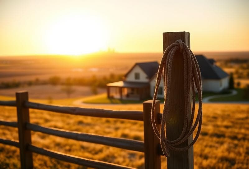 Golden hour at a Texas ranch with a Houston suburban home, lasso on fence, and