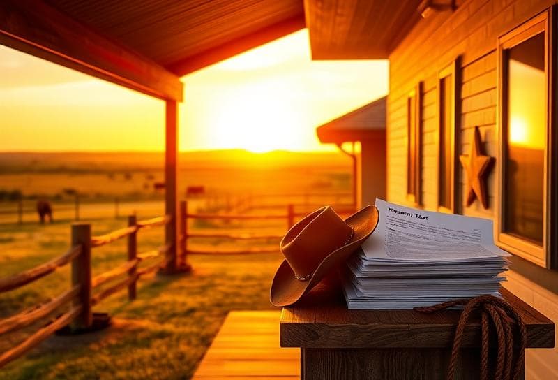 Texas ranch sunset with Houston-style home, property tax documents, cowboy hat, and lasso on porch.