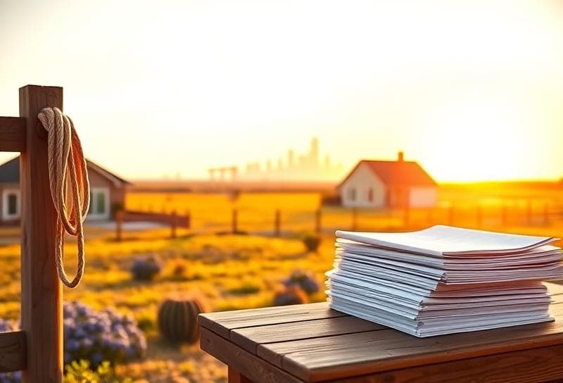 Houston suburban home with bluebonnets, lasso on fence, and property tax documents in golden-hour light.