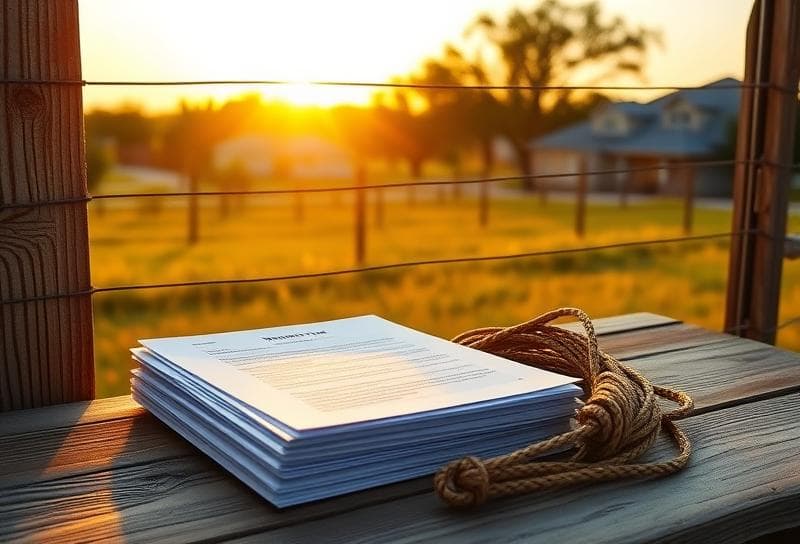 Golden hour Texas ranch with property tax documents and lasso, symbolizing tax deferral strategies for