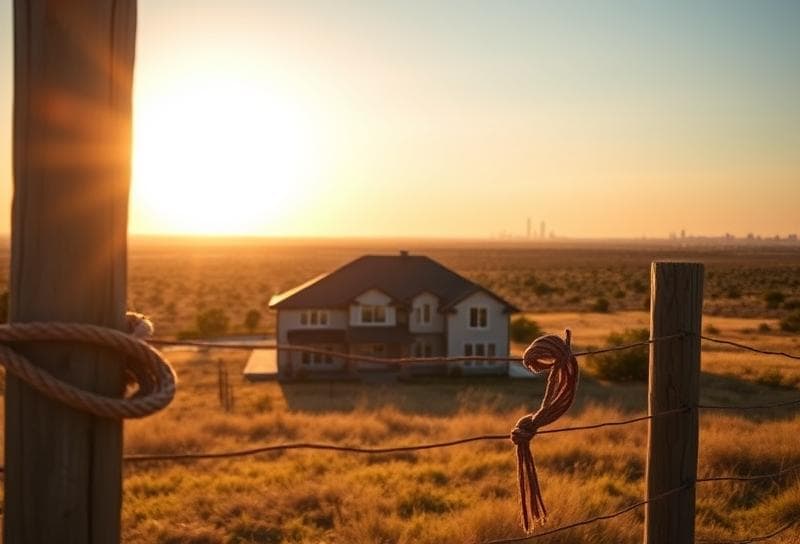 Sunlit Texas ranch with modern Houston home, lasso on fence, blending real estate and personal