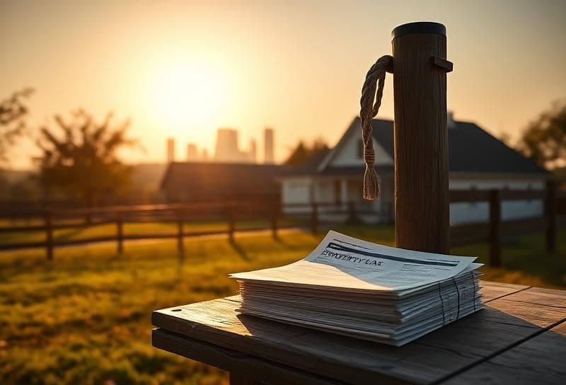 Texas ranch home with Houston skyline, lasso on fence, and property tax documents on rustic