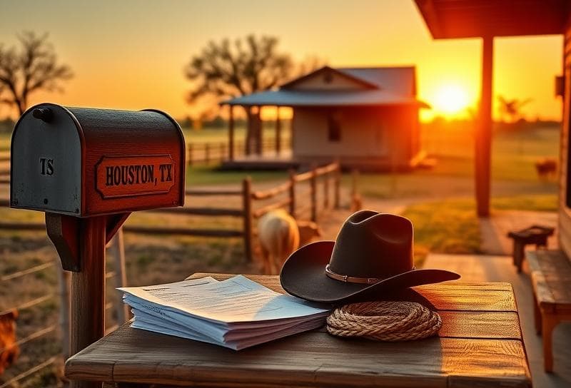 Texas ranch at sunset with property tax documents, cowboy hat, and lasso on porch, symbolizing