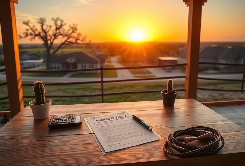 Sunset Texas ranch scene with property tax documents, calculator, and lasso on a wooden desk,