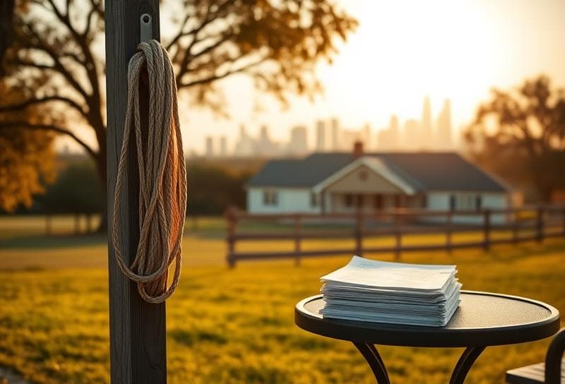 Texas ranch home with Houston skyline, lasso on fence, and property tax documents on table