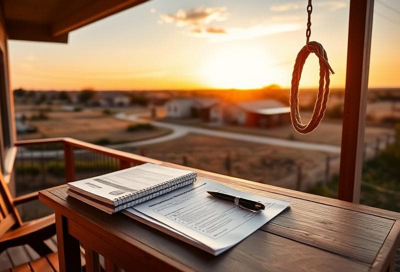 Sunset Texas ranch scene with property tax documents, calculator, and lasso on porch, symbolizing work-from-home
