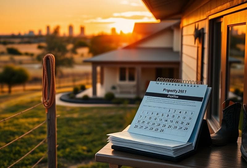 Modern Houston-style home with property tax documents on porch, Texas ranch sunset, lasso on fence,