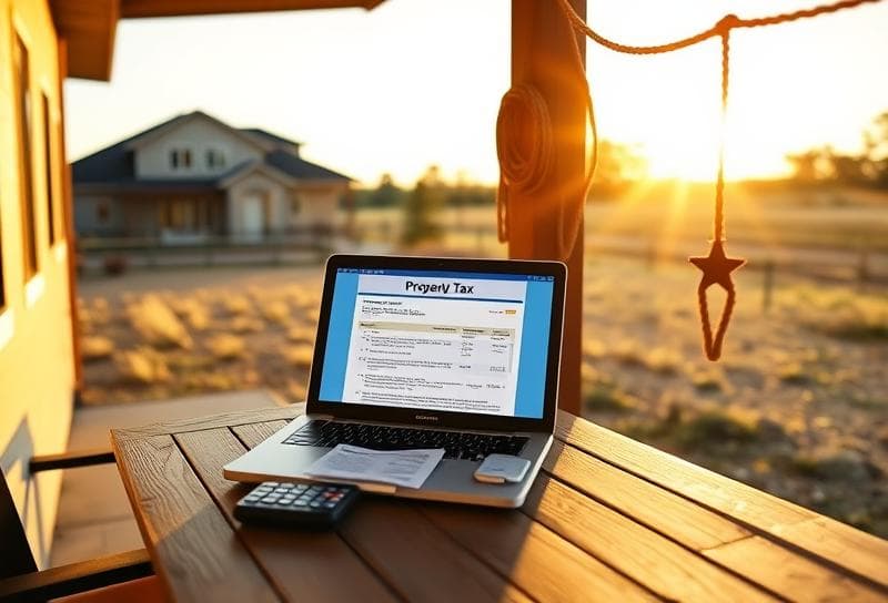 Modern Houston suburban home with a Texas ranch backdrop, desk with business tax management tools,