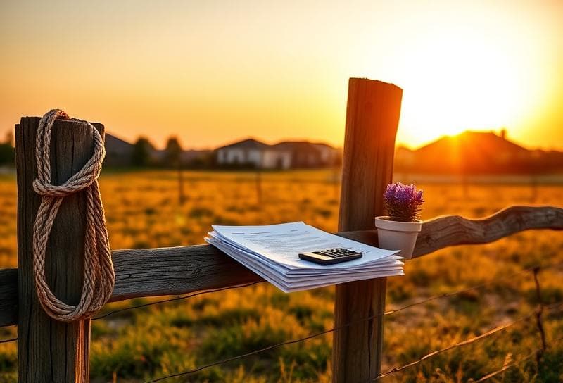 Texas ranch sunset with Houston suburbs, lasso on fence, property tax documents, and bluebonnets symbolizing