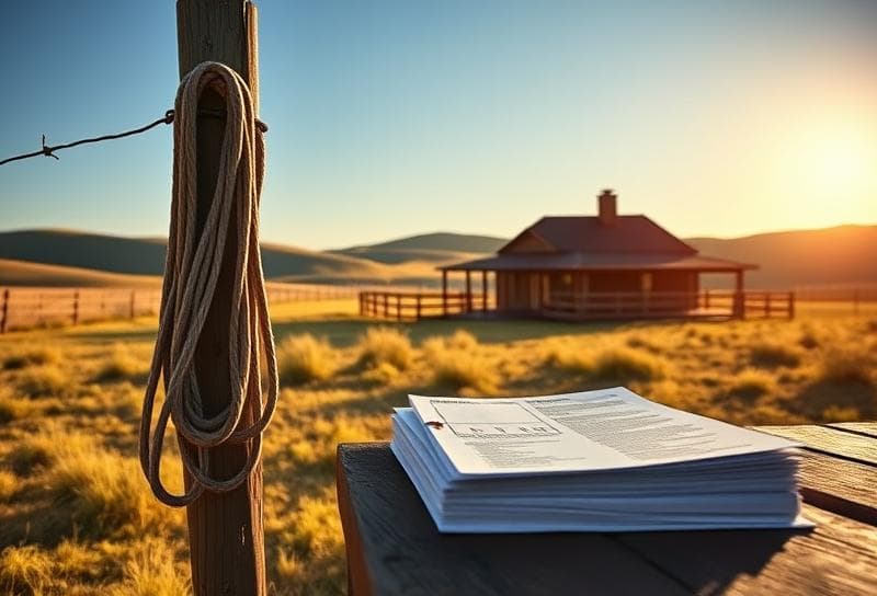Texas ranch home with lasso on fence, property tax documents, and golden-hour lighting symbolizing homeownership