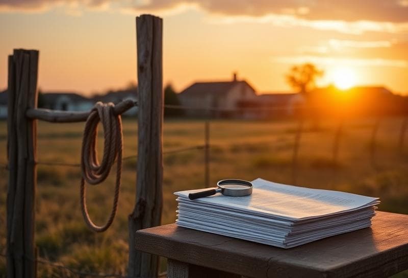 Texas ranch sunset with Houston suburbs, lasso on fence, and property tax documents on rustic