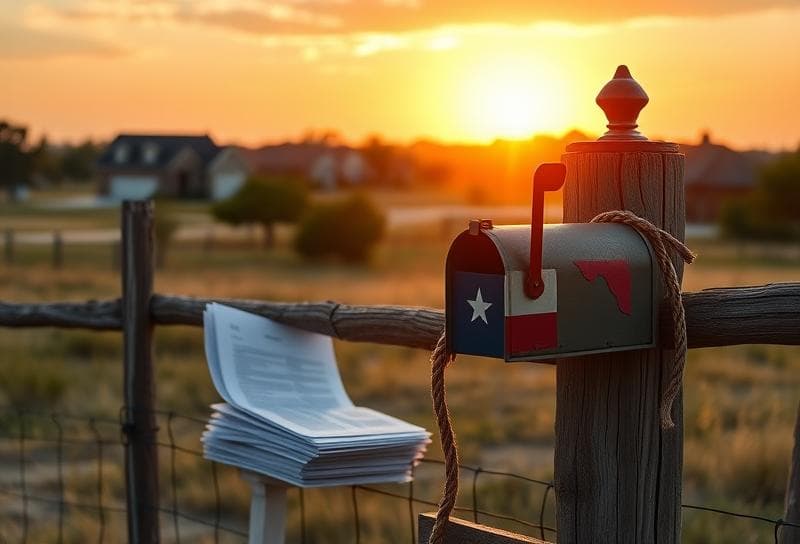 Texas ranch sunset with property tax documents, lasso, and Houston suburb in the distance, highlighting