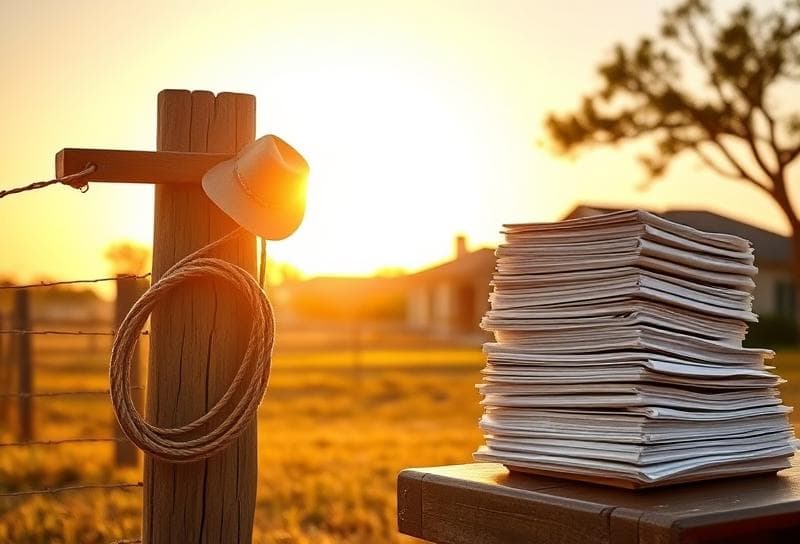 Weathered wooden fence with a coiled lasso and property tax documents on a rustic table,