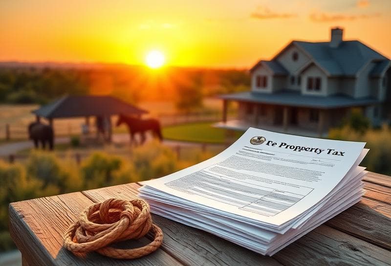 Texas ranch sunrise with Houston home, property tax documents, and lasso on rustic table.